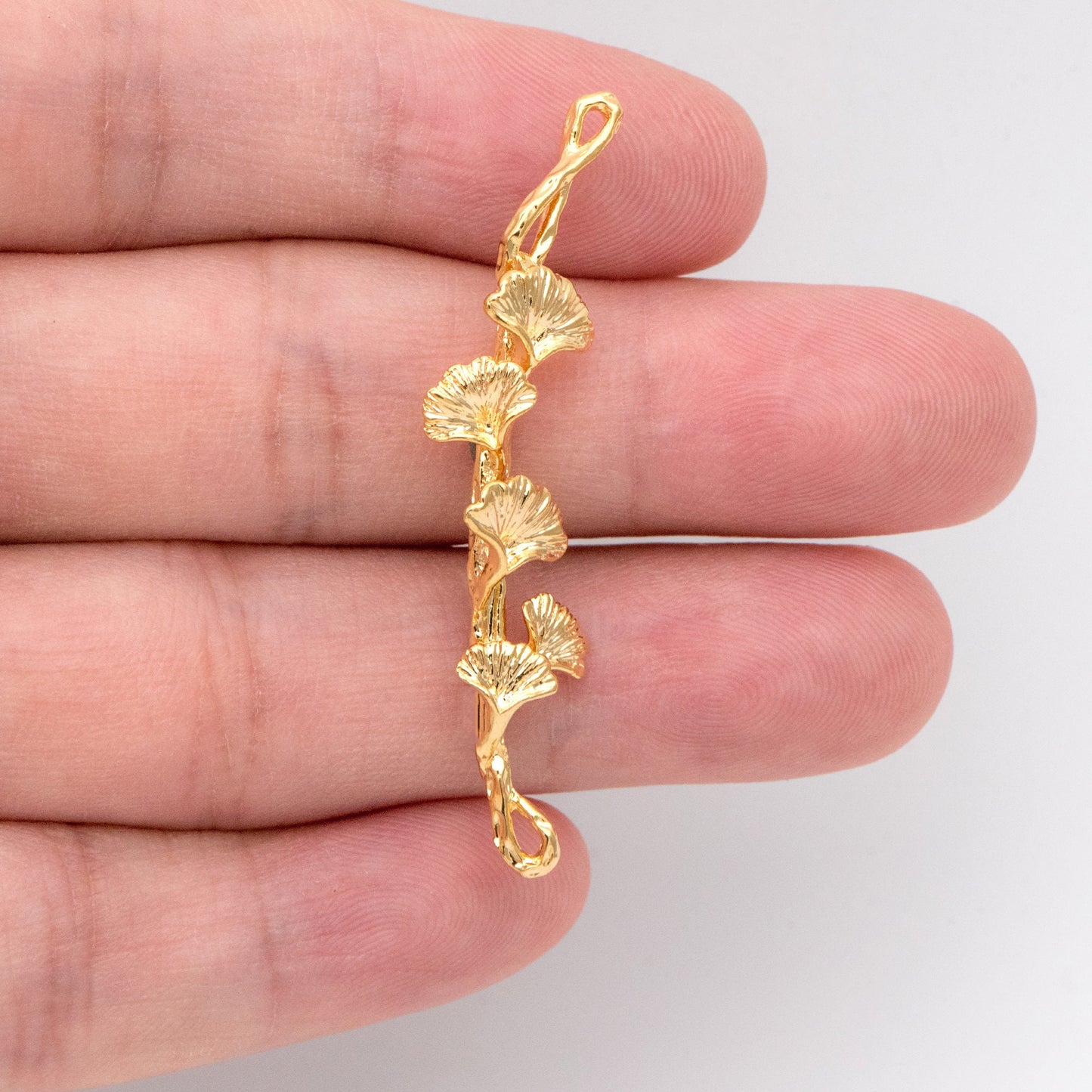 10pcs Gold Ginkgo Leaf Charm Connectors 44x13mm, Real Gold plated Brass, Branch Pendants with Two Loops (GB-3622-J)