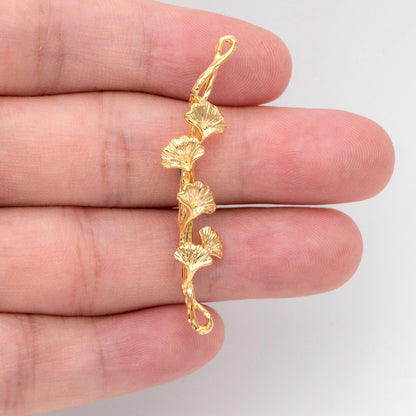10pcs Gold Ginkgo Leaf Charm Connectors 44x13mm, Real Gold plated Brass, Branch Pendants with Two Loops (GB-3622-J)