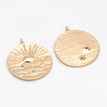 4pcs Gold Sun Disk Charms 20mm, 18K Gold plated Brass, CZ pave Sun Disc Pendants (GB-1232-K)