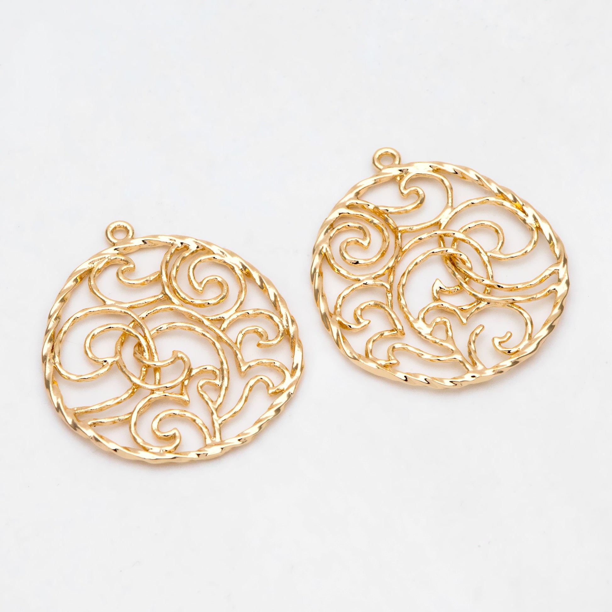 10pcs Gold Wave Teardrop Charms 30x25mm, 18K Gold plated Brass, Filigree Drop Pendants (GB-3101)