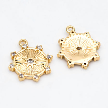10pcs Gold Sun Disk Charms 15x13mm, 18K Gold plated Brass, CZ pave Sun Disc Pendants (GB-1658-G)