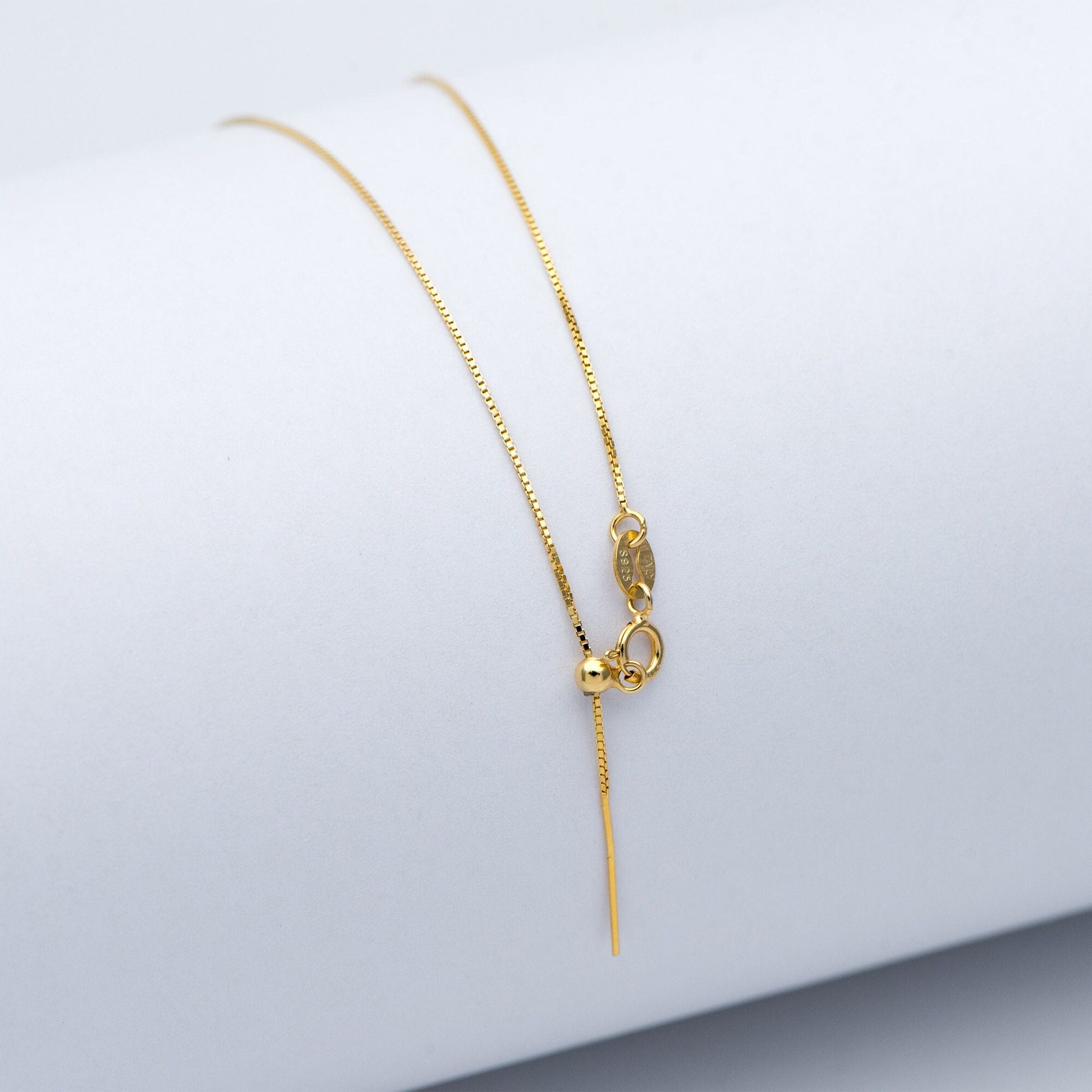 Gold plated Sterling Silver Finished Necklace, 0.7mm Dainty Box Chain with Adjustable Rubber Stopper, 17 Inch (CY-009)