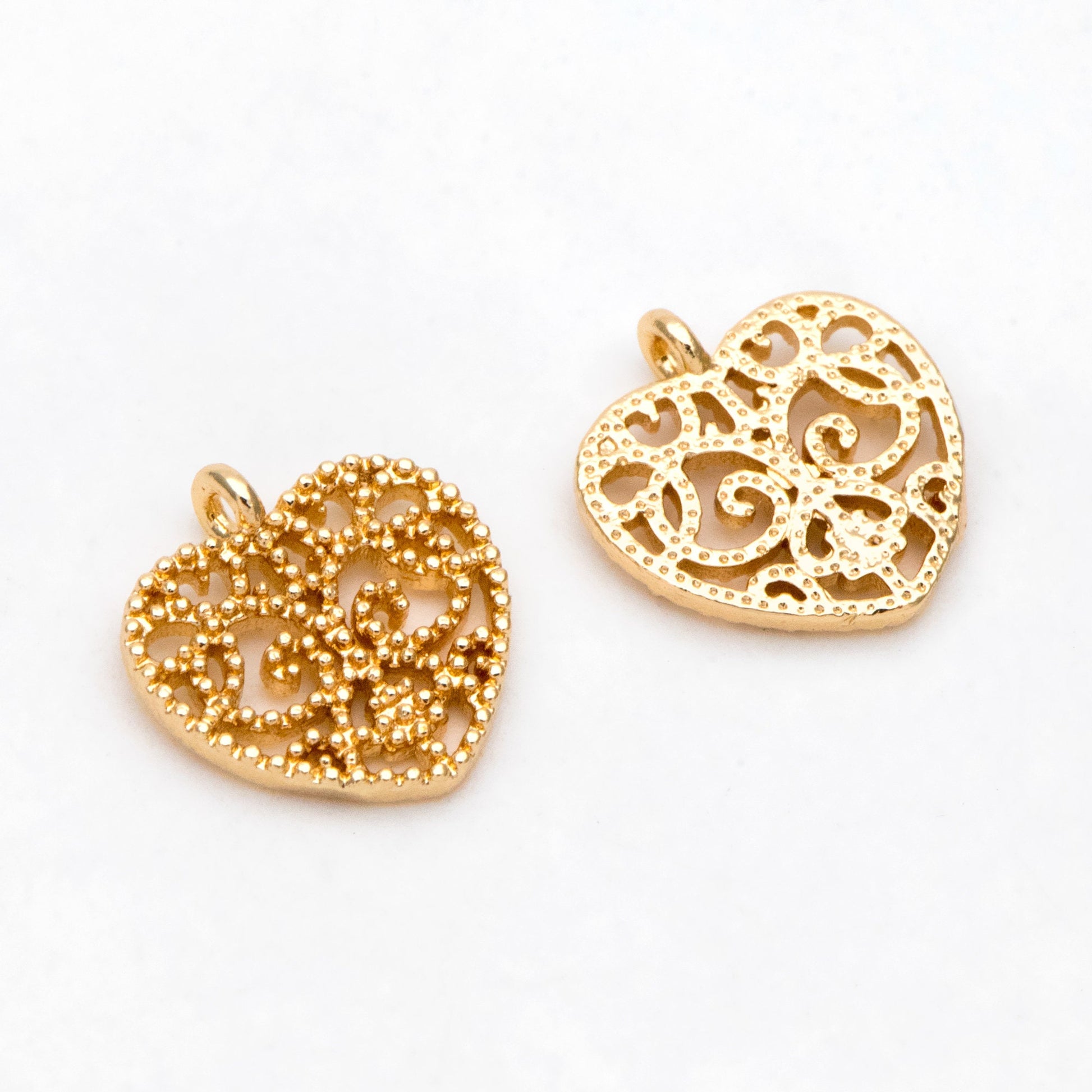 2pcs Gold plated Brass Heart Pendants 11x10mm, Filigree Hollow Pendants, Lead Nickel Free (GB-354)