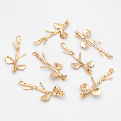 10pcs Gold Leaf Charm Connectors 25x10mm, Real Gold plated Brass, Branch Pendants with Two Loops (GB-3622-A)