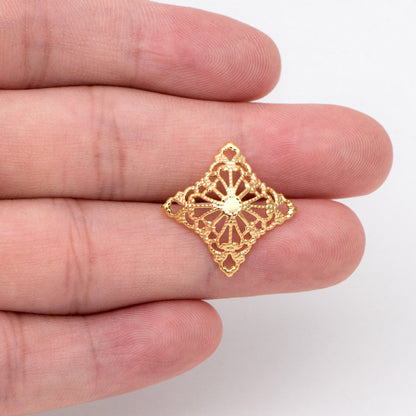 10pcs Gold Filirgree Stamping Connectors, Real Gold plated Brass Floral Charms 20mm, Lead Nickel Free (GB-149)