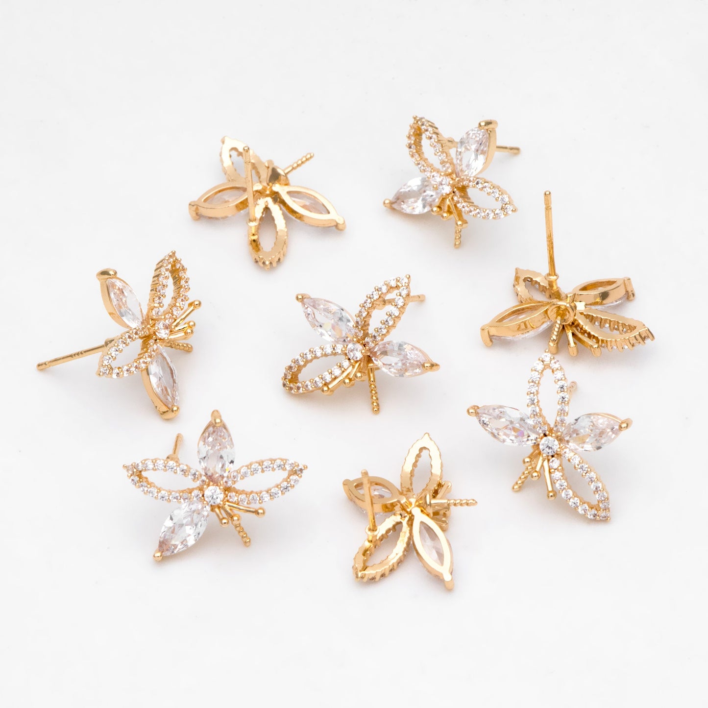 4pcs CZ Pave Gold Flower Ear Posts 15x19mm, Pearl Peg Earring Mounts, Foral Stud Earrings with Peg (GB-3083)