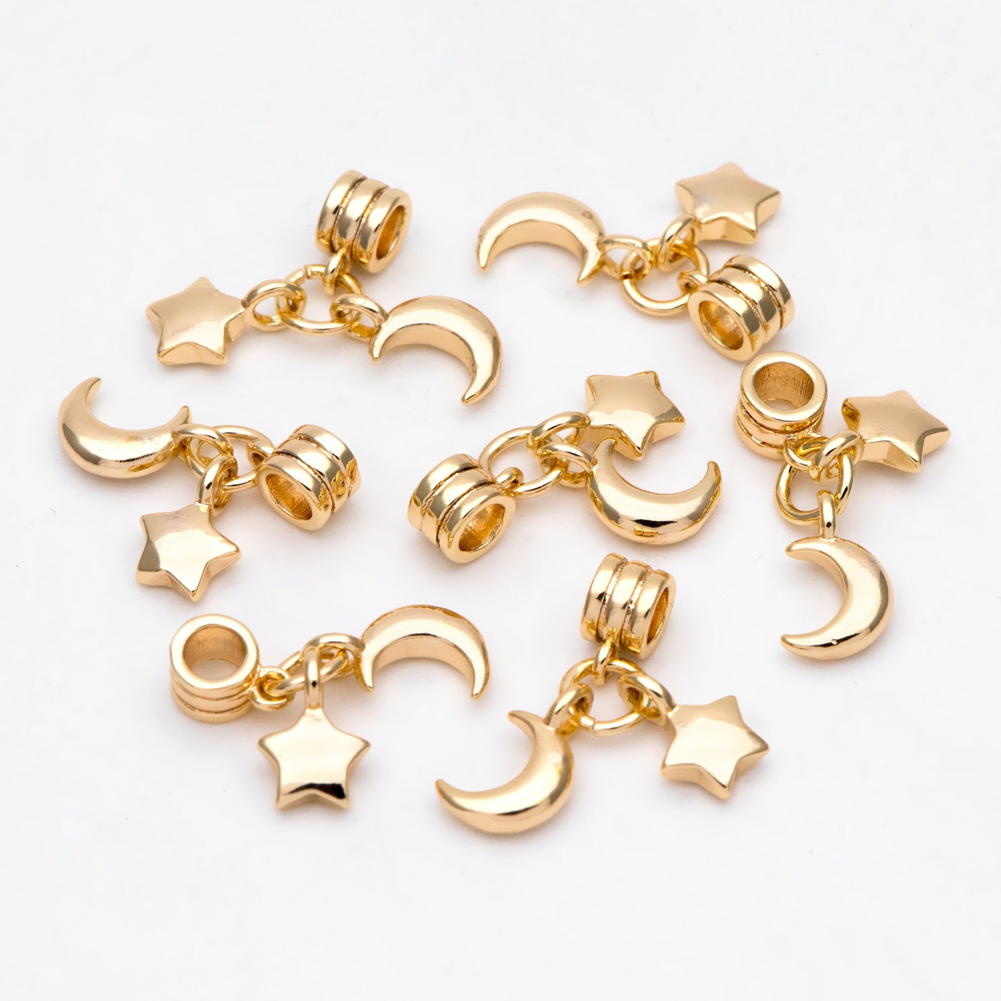 10pcs Moon Star Bracelet Charms, 18K Gold plated Brass, Large Hole Necklace Pendants (GB-3089)