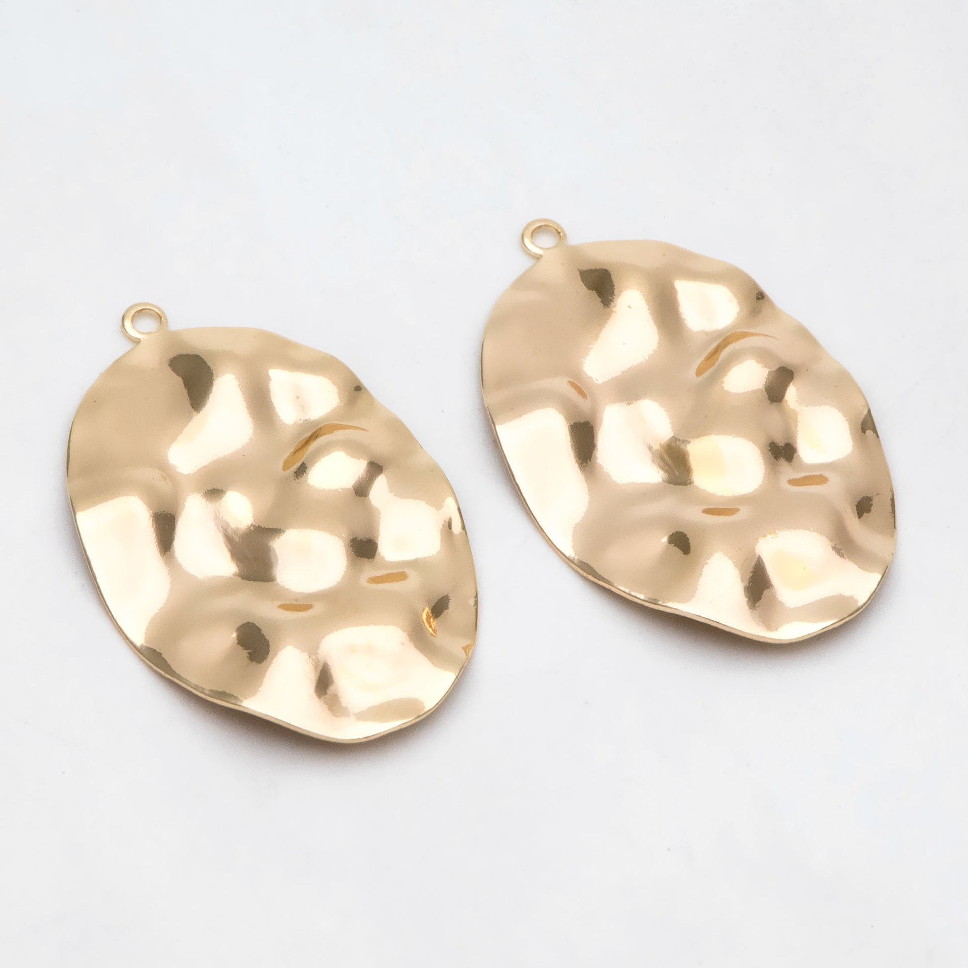 10pcs Hammered Oval Charms 37x23mm, Polished Gold plated Brass Disc Pendants (GB-402-G)