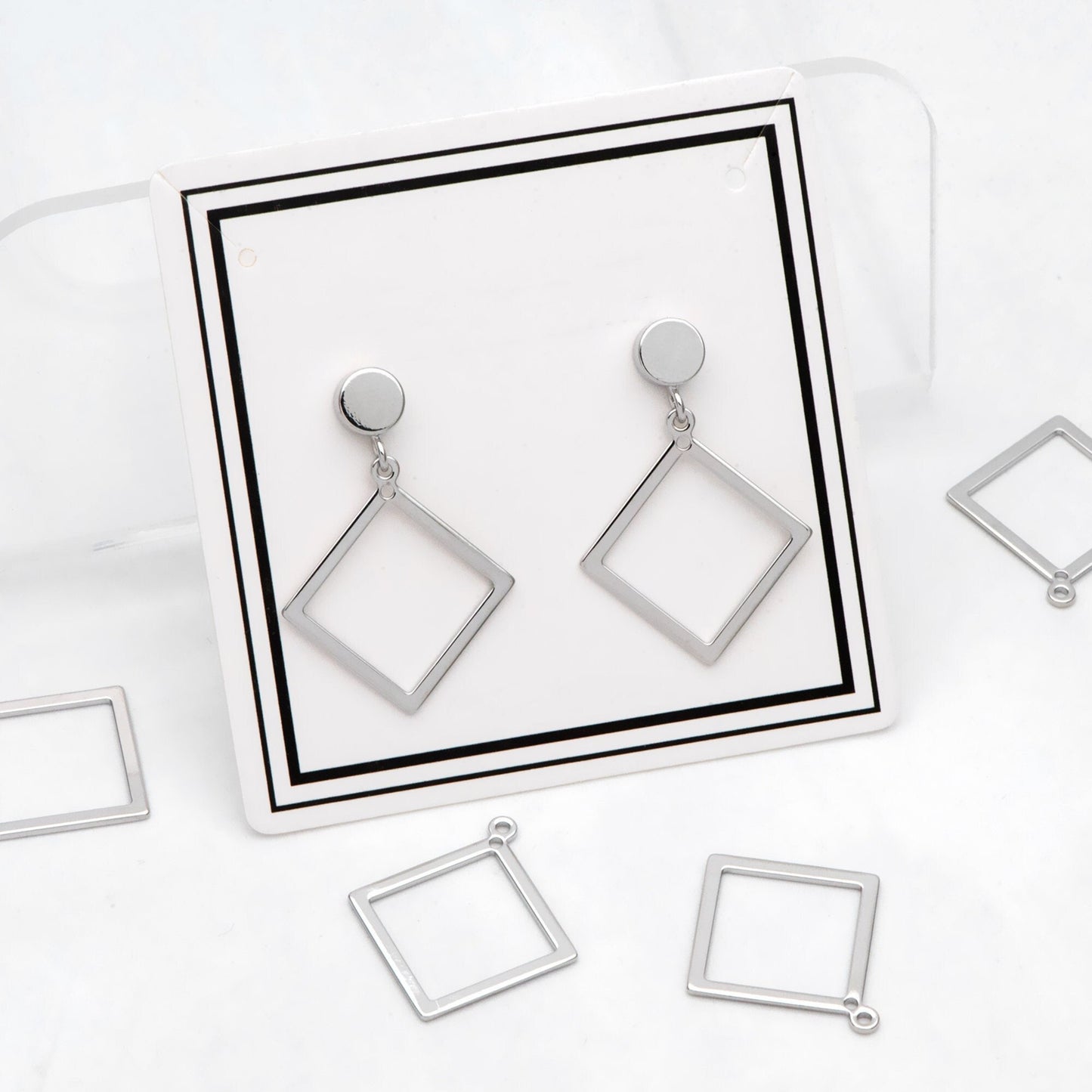 10pcs Gold/ Silver tone Square Pendants, Gold/ Rhodium plated Brass Rhombus Link Charms, Wired Geometric Hoops (GB-3047)