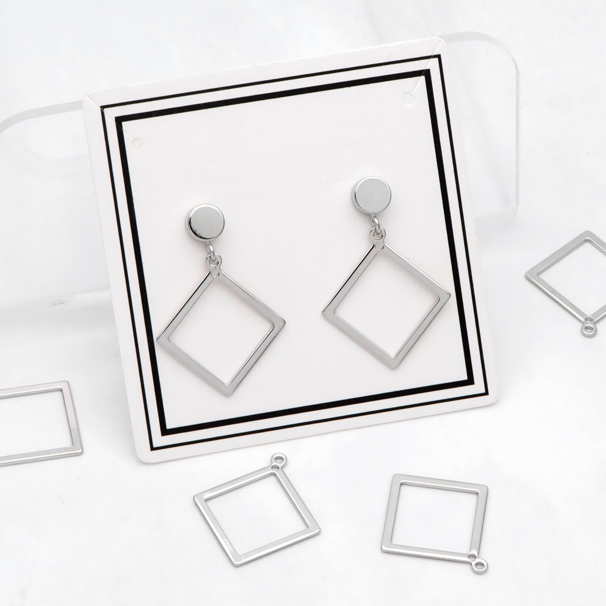 10pcs Gold/ Silver tone Square Pendants, Gold/ Rhodium plated Brass Rhombus Link Charms, Wired Geometric Hoops (GB-3047)