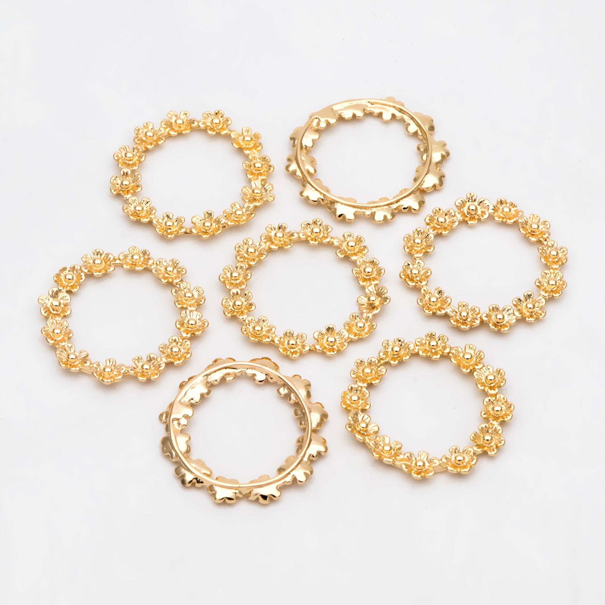 10pcs Gold Flower Garland Charms, 18K Gold plated Brass, Geometric Hoop Circle Pendants (GB-214-G)