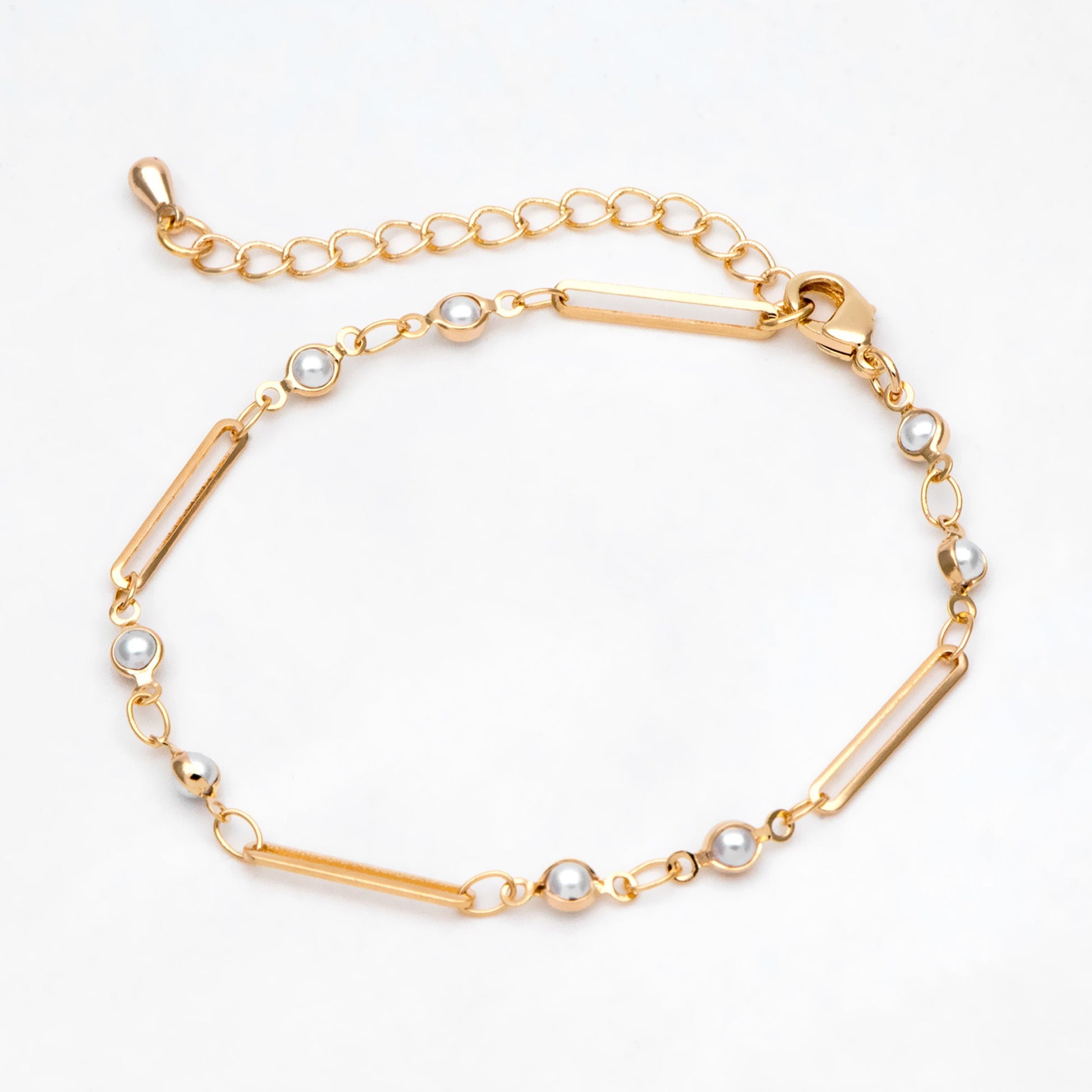 Gold Faux Pearl Chain, Finished Bracelet/ Anklet/ Necklace with Extender Chain, Real 18K Gold Plated, Ready to Wear (#LK-516)