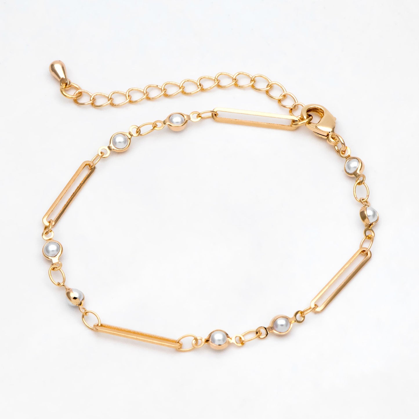 Gold Faux Pearl Chain, Finished Bracelet/ Anklet/ Necklace with Extender Chain, Real 18K Gold Plated, Ready to Wear (#LK-516)
