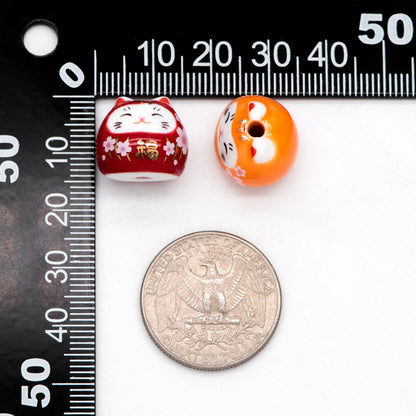 10 beads- Porcelain Lucky Cat beads 14mm, Handmade Ceramic Maneki Neko, Kawaii Animal Beads (TC-159)