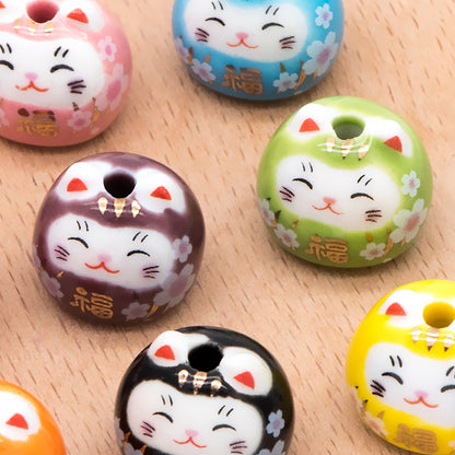 10 beads- Porcelain Lucky Cat beads 14mm, Handmade Ceramic Maneki Neko, Kawaii Animal Beads (TC-159)