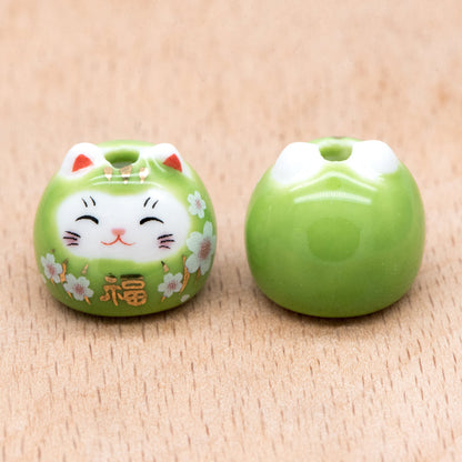 10 beads- Porcelain Lucky Cat beads 14mm, Handmade Ceramic Maneki Neko, Kawaii Animal Beads (TC-159)