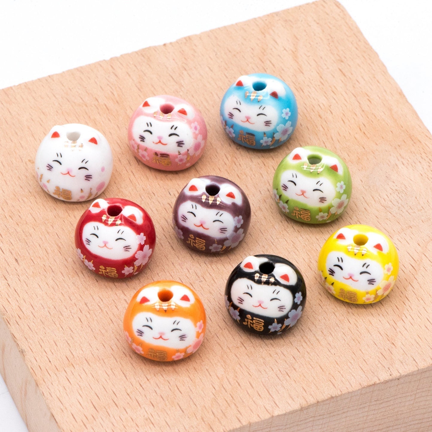 10 beads- Porcelain Lucky Cat beads 14mm, Handmade Ceramic Maneki Neko, Kawaii Animal Beads (TC-159)