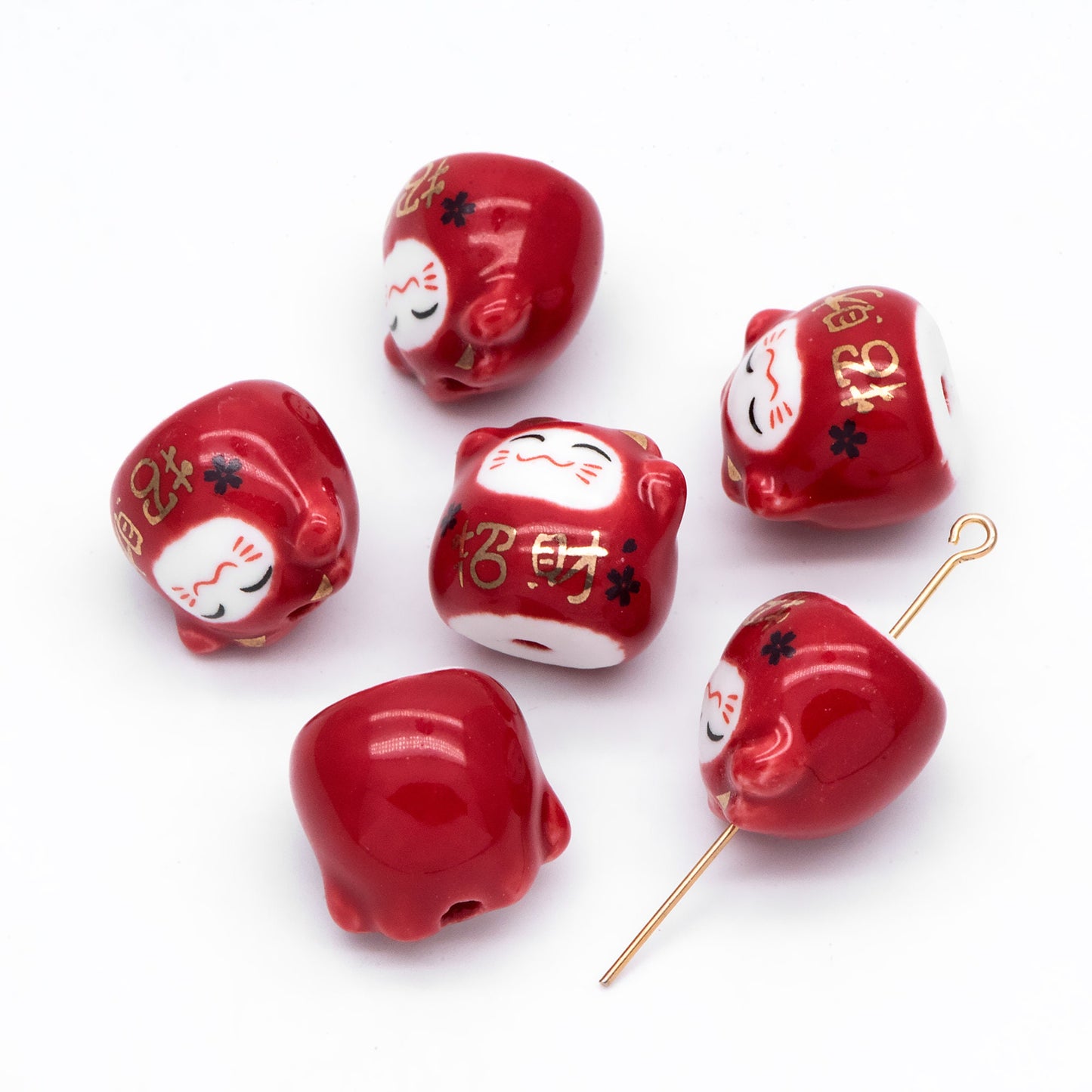 10 beads- Porcelain Lucky Cat beads 16mm, Handmade Ceramic Maneki Neko, Kawaii Animal Beads, means "Make more money" (TC-161)