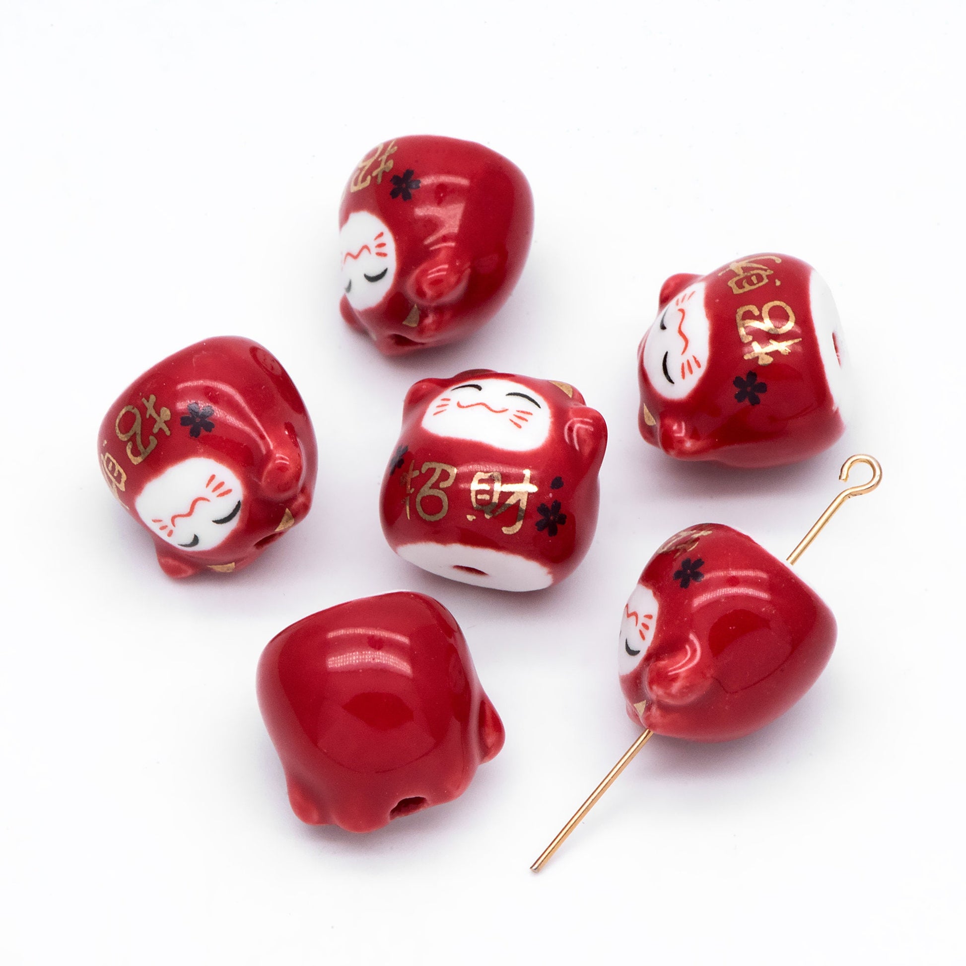 10 beads- Porcelain Lucky Cat beads 16mm, Handmade Ceramic Maneki Neko, Kawaii Animal Beads, means "Make more money" (TC-161)