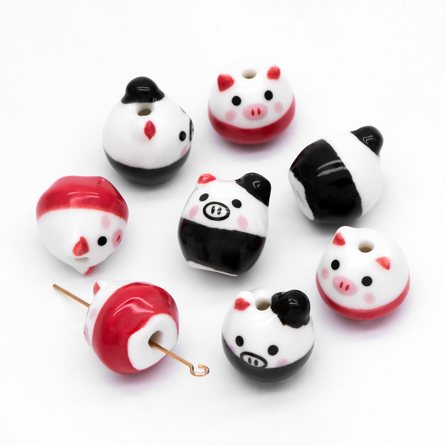10pcs Ceramic Pig beads, Kawaii Porcelain Piggie, Animal Beads for Bracelets, Drilled Through Large Hole -(TC-162)