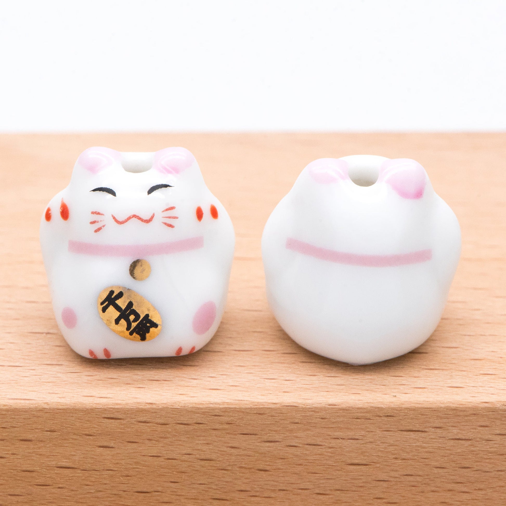 10 beads- Lucky Cat beads 17mm, Handmade Ceramic Maneki Neko, Kawaii Animal Beads, Chinese Character "More Golds" (TC-158)