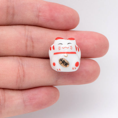 10 beads- Lucky Cat beads 17mm, Handmade Ceramic Maneki Neko, Kawaii Animal Beads, Chinese Character "More Golds" (TC-158)