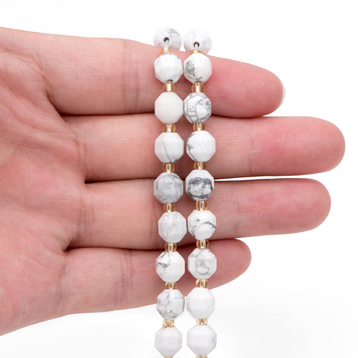 7x7.5mm Natural White Howlite Stone, Bicone Beads For Jewelry Making, Faceted Prism Gemstone Beads, Full 14.5 inch strands (TR-032)