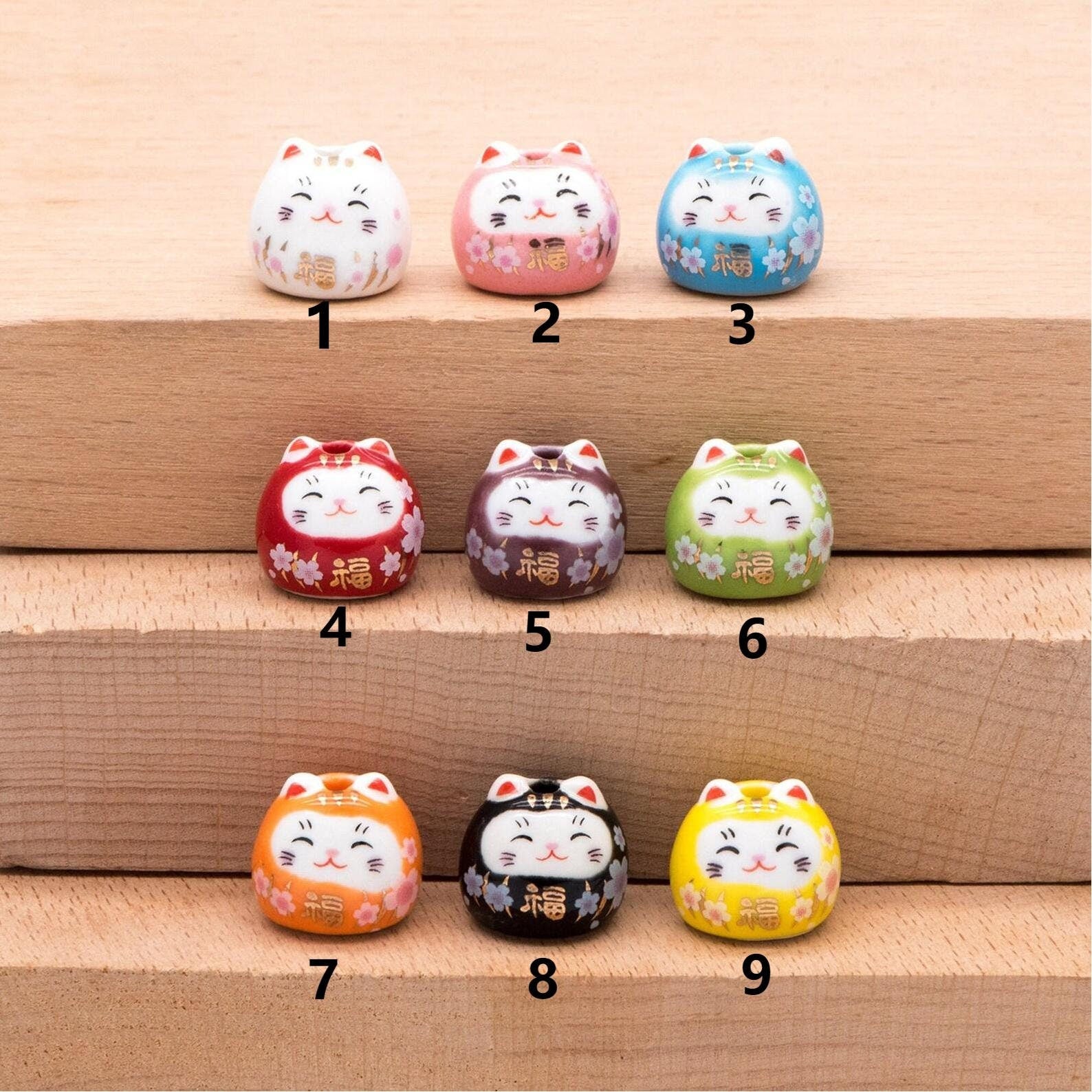 10 beads- Porcelain Lucky Cat beads 14mm, Handmade Ceramic Maneki Neko, Kawaii Animal Beads (TC-159)