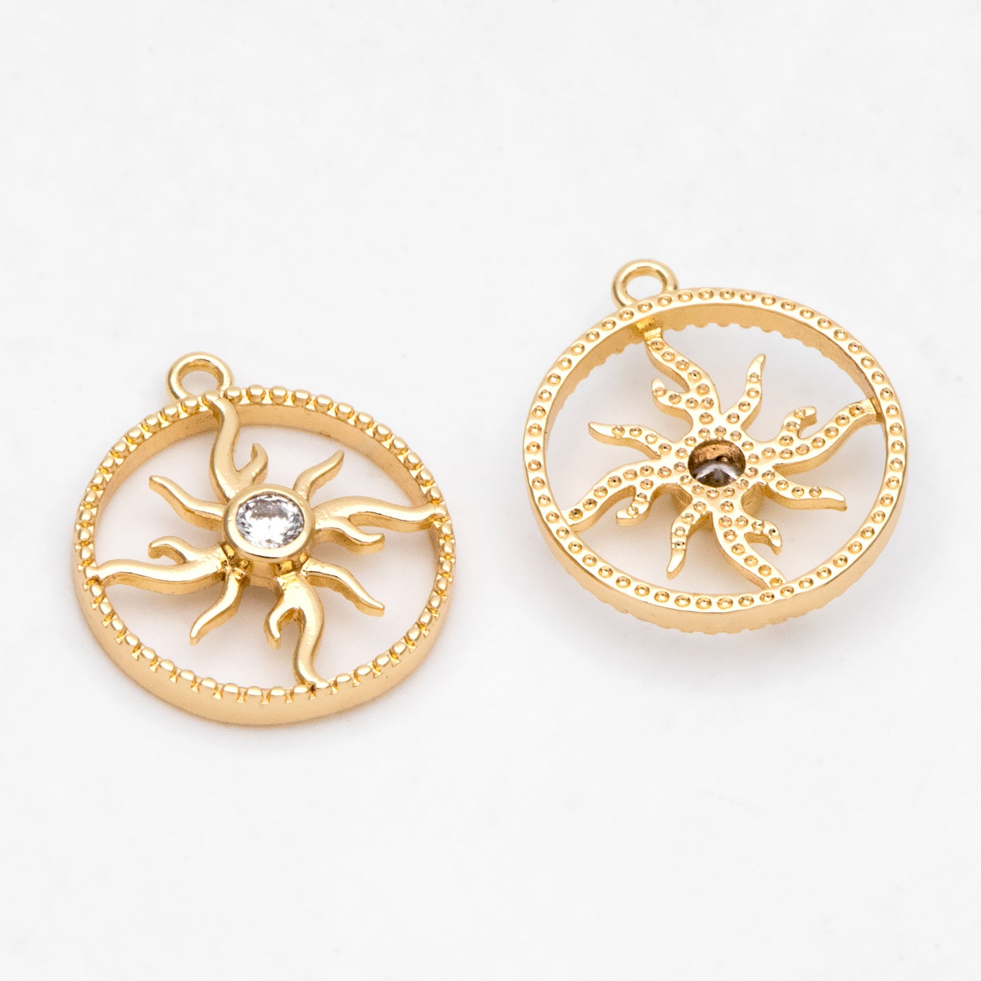4pcs CZ Pave Gold Round Sun Charms 16x14mm, 18K Gold plated Brass Sun Pendants (GB-1311-H)