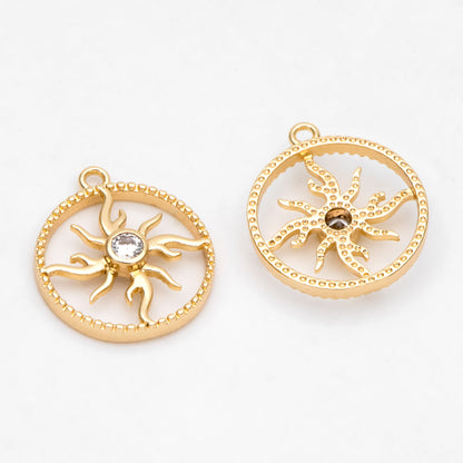 4pcs CZ Pave Gold Round Sun Charms 16x14mm, 18K Gold plated Brass Sun Pendants (GB-1311-H)