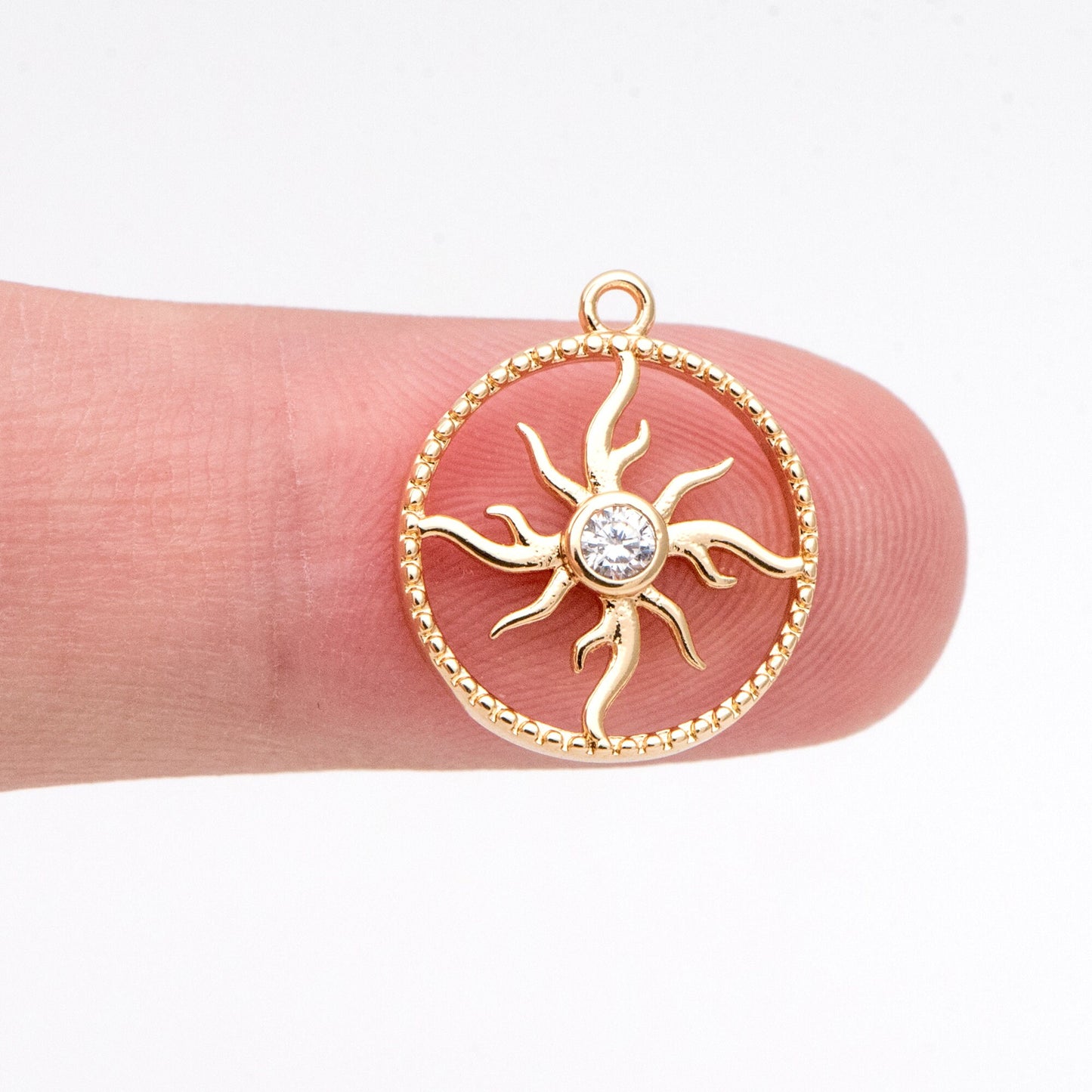 4pcs CZ Pave Gold Round Sun Charms 16x14mm, 18K Gold plated Brass Sun Pendants (GB-1311-H)