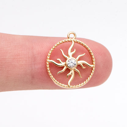 4pcs CZ Pave Gold Round Sun Charms 16x14mm, 18K Gold plated Brass Sun Pendants (GB-1311-H)