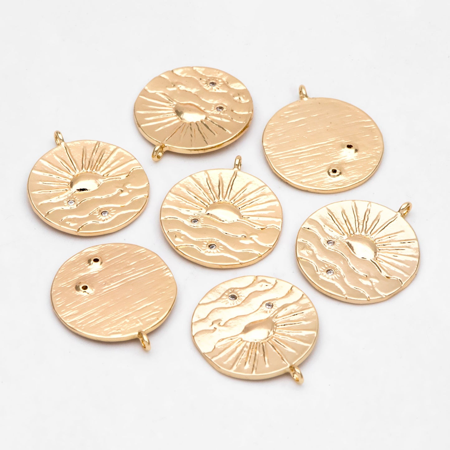 4pcs Gold Sun Disk Charms 20mm, 18K Gold plated Brass, CZ pave Sun Disc Pendants (GB-1232-K)