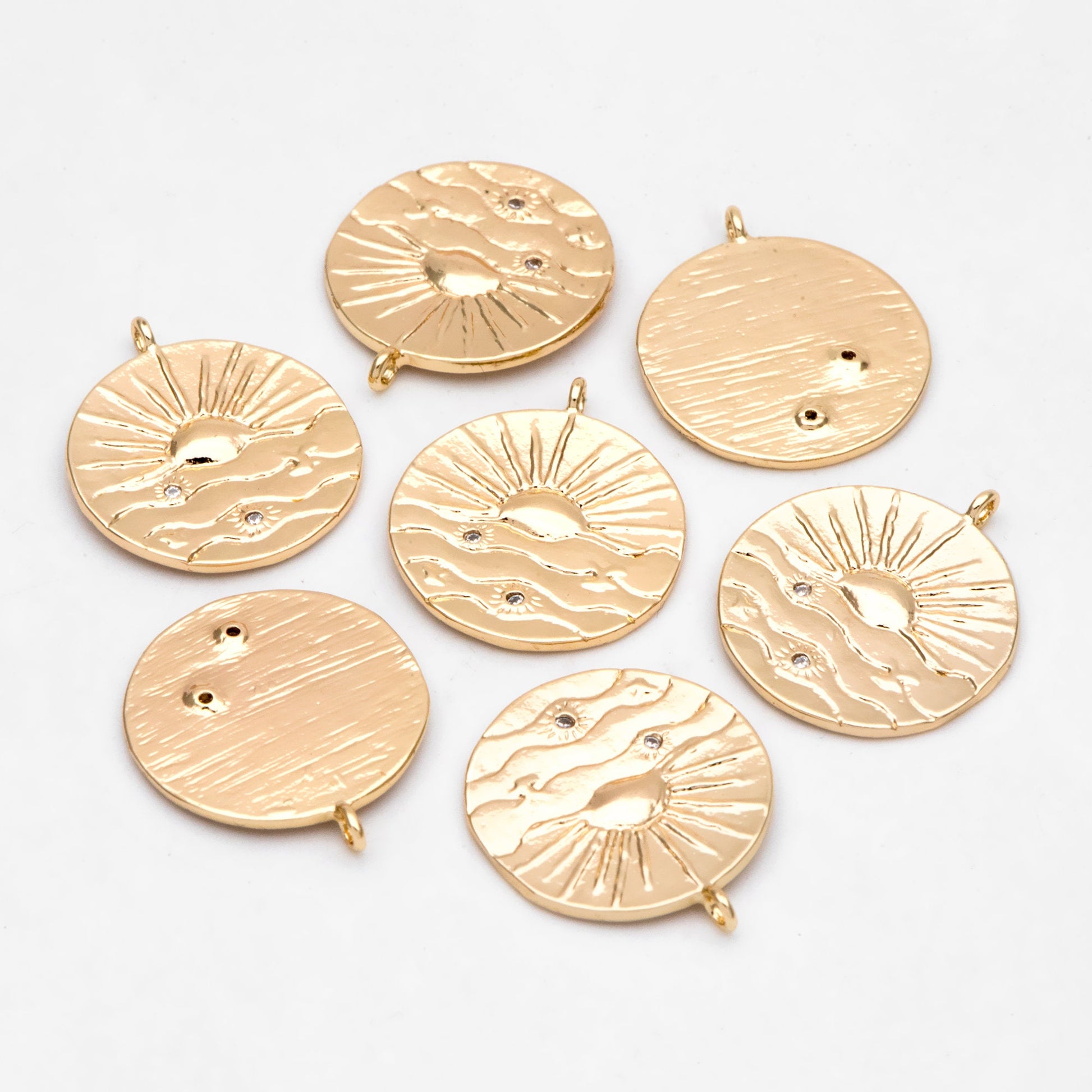 4pcs Gold Sun Disk Charms 20mm, 18K Gold plated Brass, CZ pave Sun Disc Pendants (GB-1232-K)