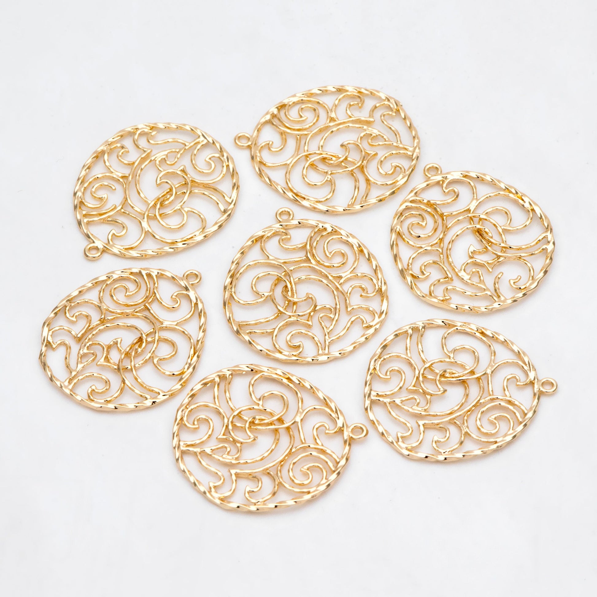 10pcs Gold Wave Teardrop Charms 30x25mm, 18K Gold plated Brass, Filigree Drop Pendants (GB-890-G)