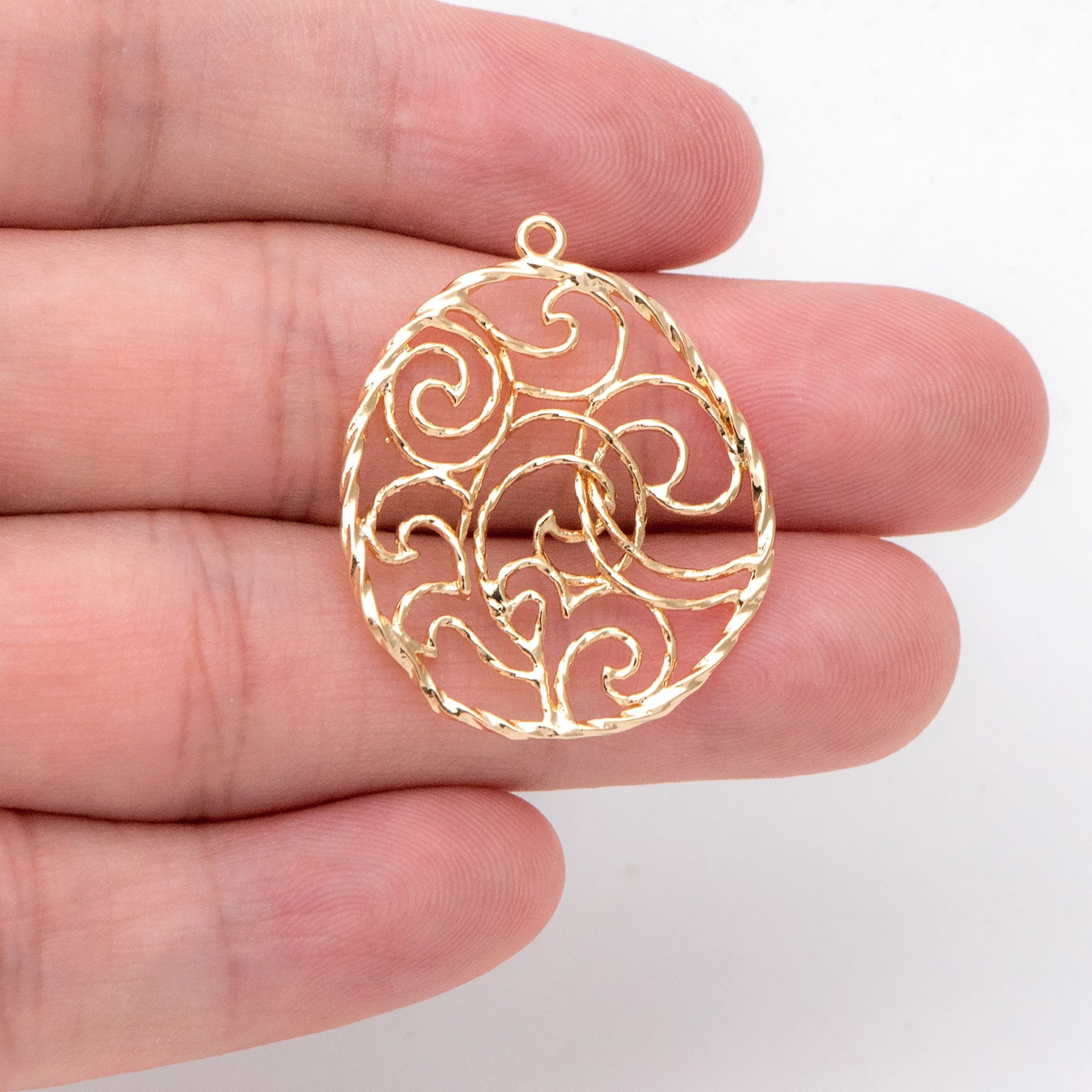 10pcs Gold Wave Teardrop Charms 30x25mm, 18K Gold plated Brass, Filigree Drop Pendants (GB-3101)