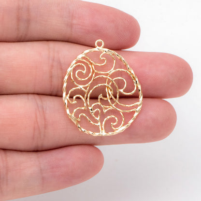 10pcs Gold Wave Teardrop Charms 30x25mm, 18K Gold plated Brass, Filigree Drop Pendants (GB-3101)
