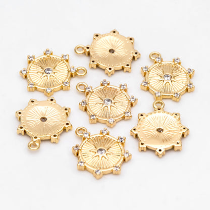 10pcs Gold Sun Disk Charms 15x13mm, 18K Gold plated Brass, CZ pave Sun Disc Pendants (GB-1658-G)
