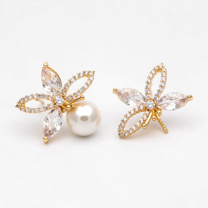 4pcs CZ Pave Gold Flower Ear Posts 15x19mm, Pearl Peg Earring Mounts, Foral Stud Earrings with Peg (GB-3083)