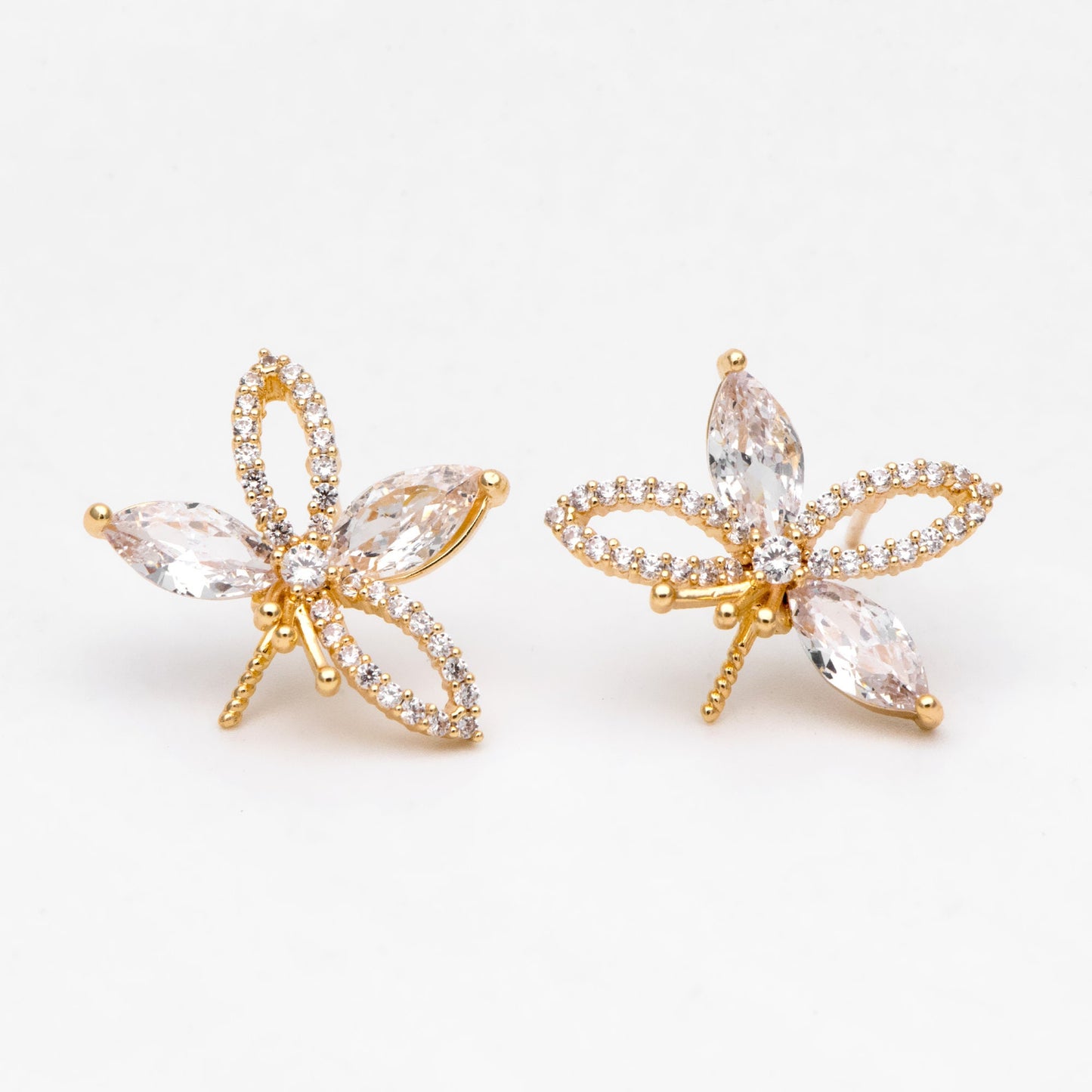 4pcs CZ Pave Gold Flower Ear Posts 15x19mm, Pearl Peg Earring Mounts, Foral Stud Earrings with Peg (GB-3083)