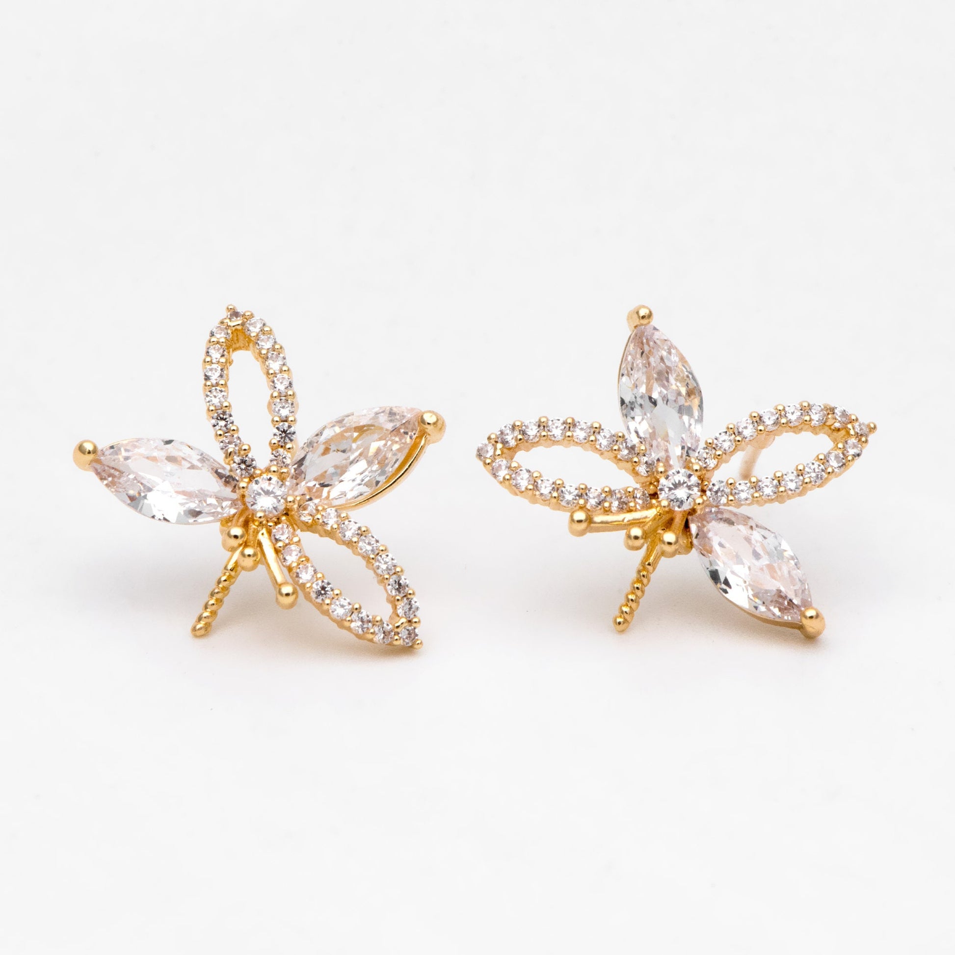 4pcs CZ Pave Gold Flower Ear Posts 15x19mm, Pearl Peg Earring Mounts, Foral Stud Earrings with Peg (GB-3083)