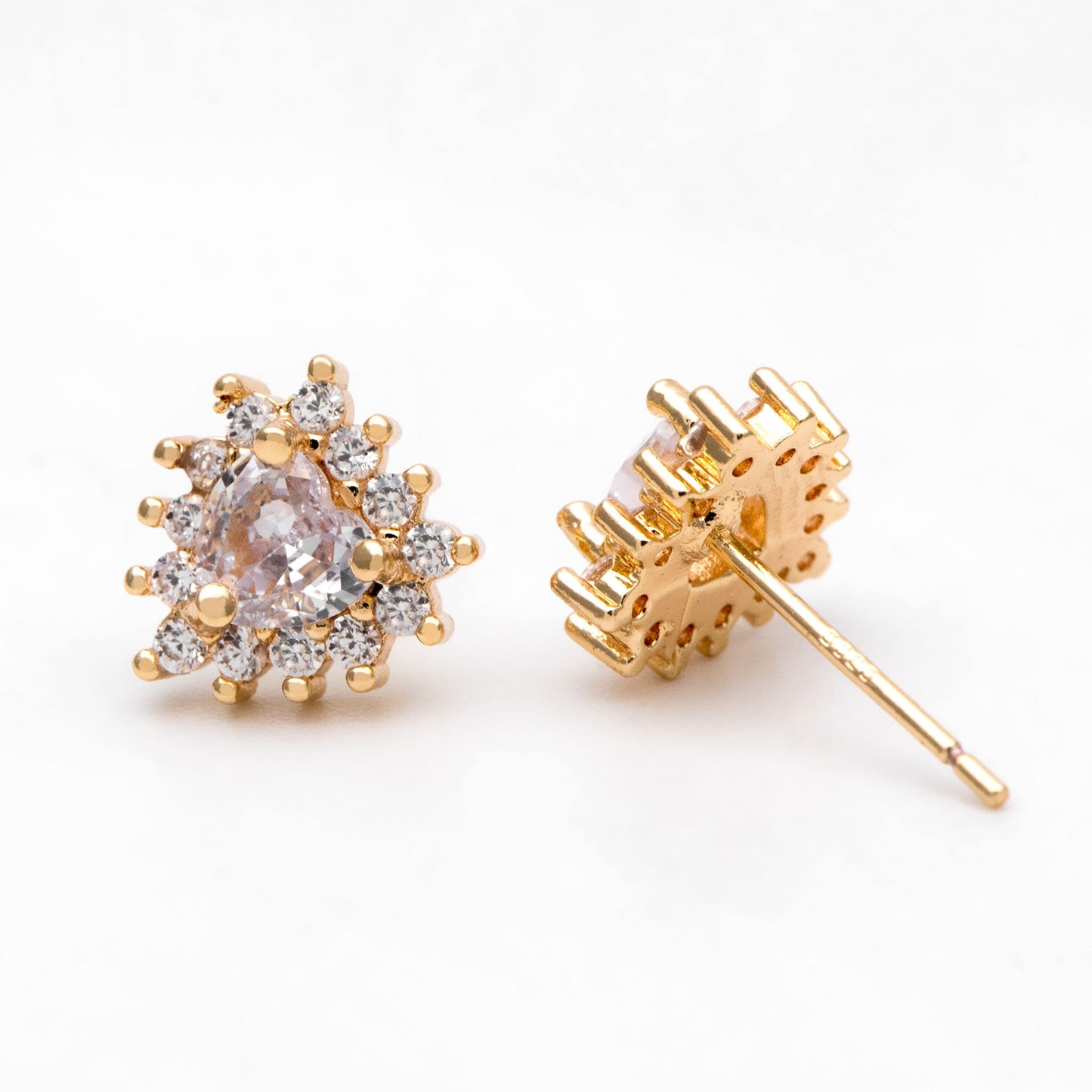 4pcs CZ Pave Heart Ear Posts, Gold Plated Brass Stud Earrings, Jewelry Findings, Wholesale Supplies (GB-3115)