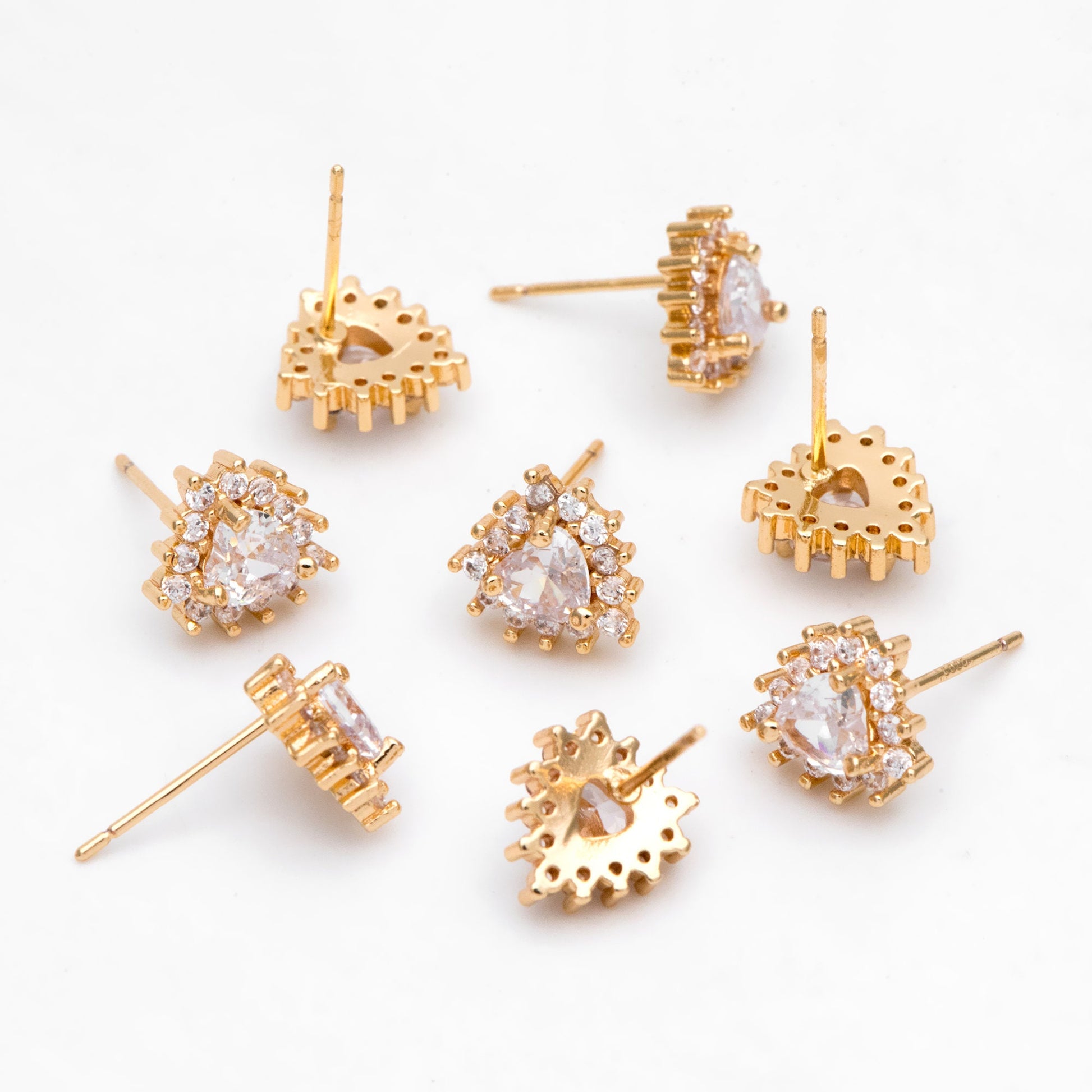 4pcs CZ Pave Heart Ear Posts, Gold Plated Brass Stud Earrings, Jewelry Findings, Wholesale Supplies (GB-3115)