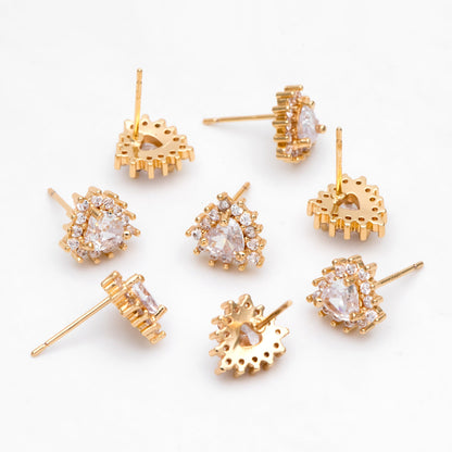 4pcs CZ Pave Heart Ear Posts, Gold Plated Brass Stud Earrings, Jewelry Findings, Wholesale Supplies (GB-3115)