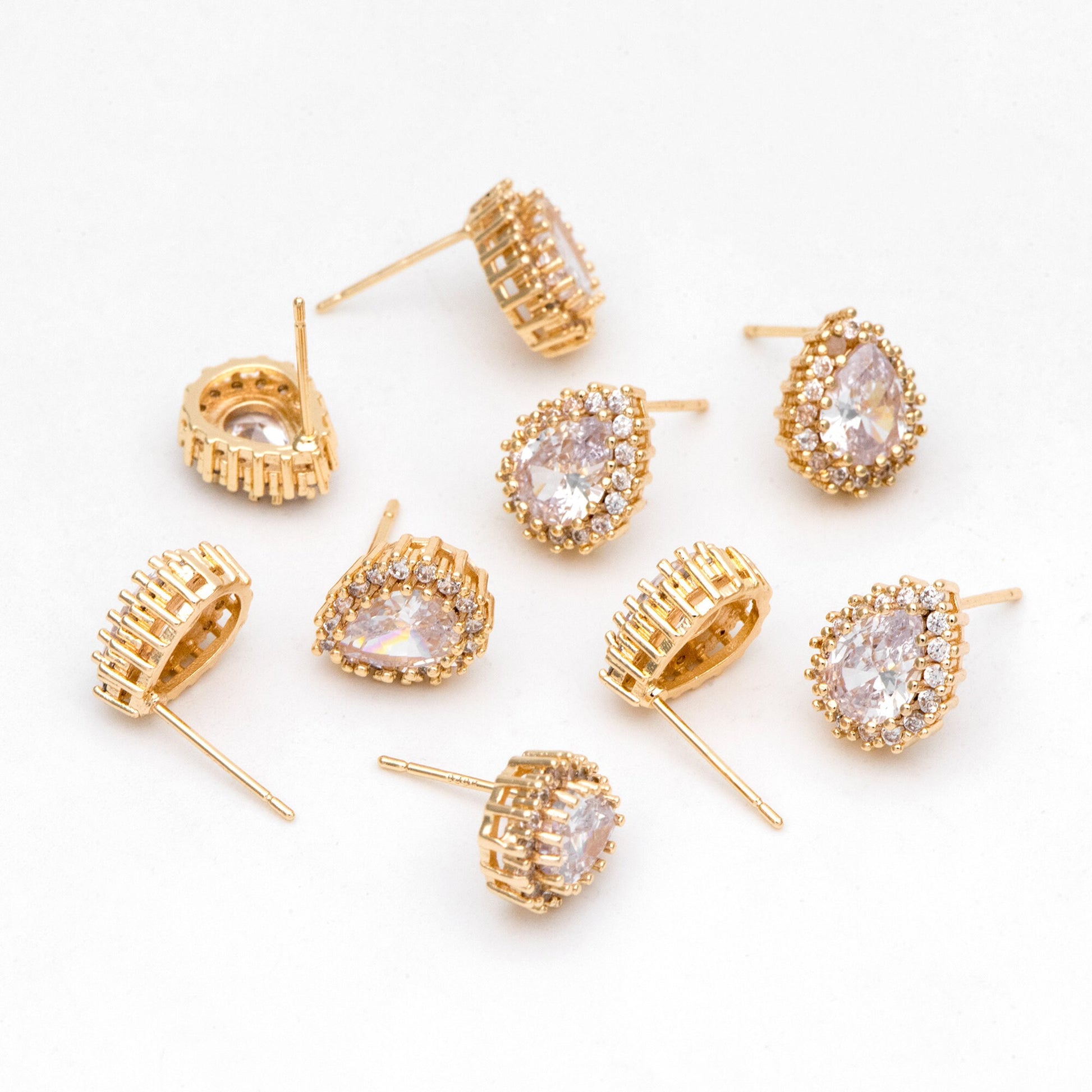 4pcs CZ Pave Teardrop Ear Posts, 18K Gold Plated Brass, Water Drop Stud Earrings, Jewelry Supplies Findings Wholesale (GB-3122)