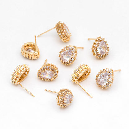 4pcs CZ Pave Teardrop Ear Posts, 18K Gold Plated Brass, Water Drop Stud Earrings, Jewelry Supplies Findings Wholesale (GB-3122)
