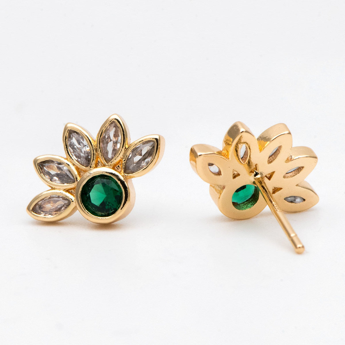 4pcs CZ Pave Gold Emerald Flower Earrings 14x10mm, Gold Plated Brass Flower Stud Earrings (GB-3128)
