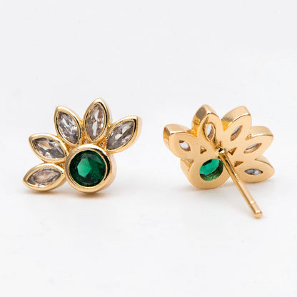 4pcs CZ Pave Gold Emerald Flower Earrings 14x10mm, Gold Plated Brass Flower Stud Earrings (GB-3128)