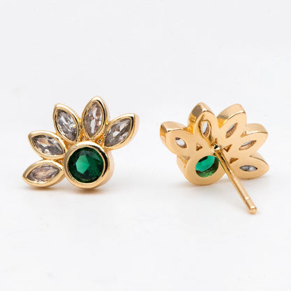 4pcs CZ Pave Gold Emerald Flower Earrings 14x10mm, Gold Plated Brass Flower Stud Earrings (GB-3128)