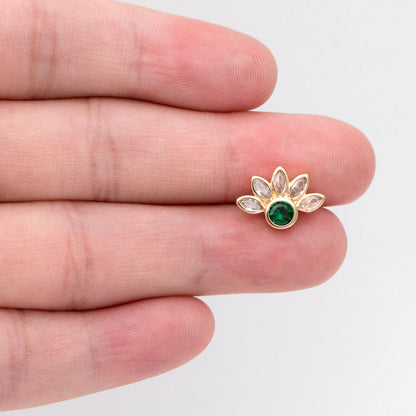 4pcs CZ Pave Gold Emerald Flower Earrings 14x10mm, Gold Plated Brass Flower Stud Earrings (GB-3128)